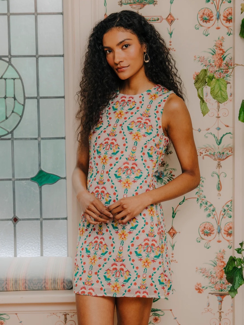 Sleeveless Cream Mini Dress with Multicolor Floral Motif